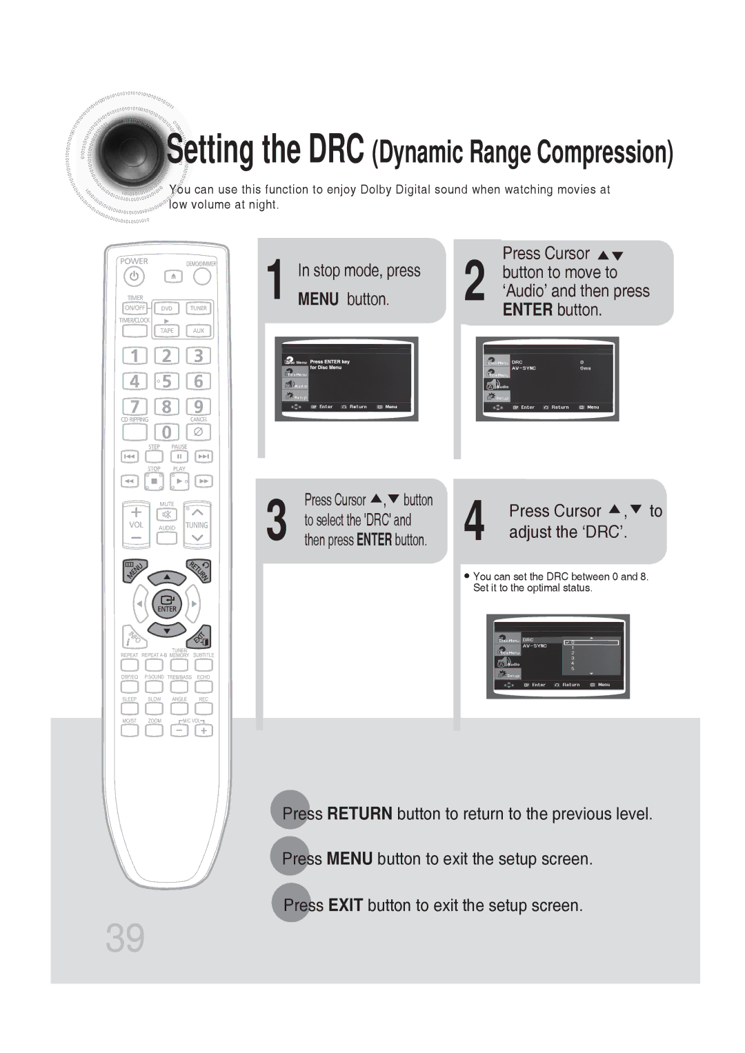 Samsung MM-DG25T/UMG manual Setting the DRC Dynamic Range Compression, Press Cursor , to adjust the ‘DRC’ 