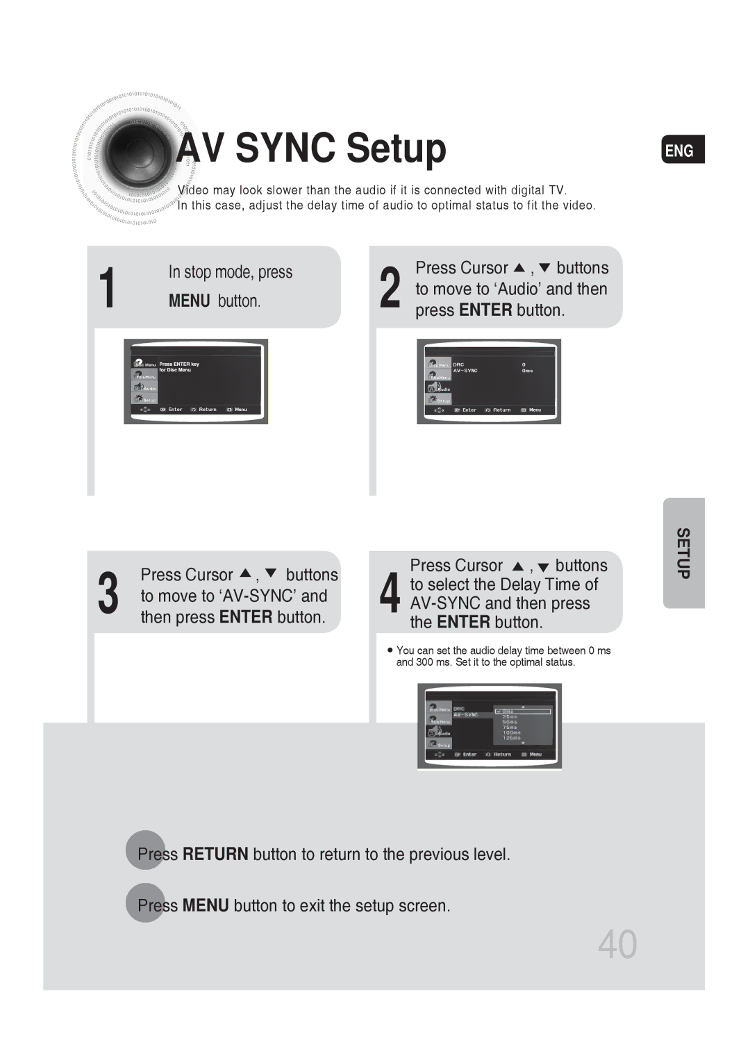 Samsung MM-DG25T/UMG manual AV Sync Setup, Stop mode, press Press Cursor , buttons, Menu button Press Enter button 