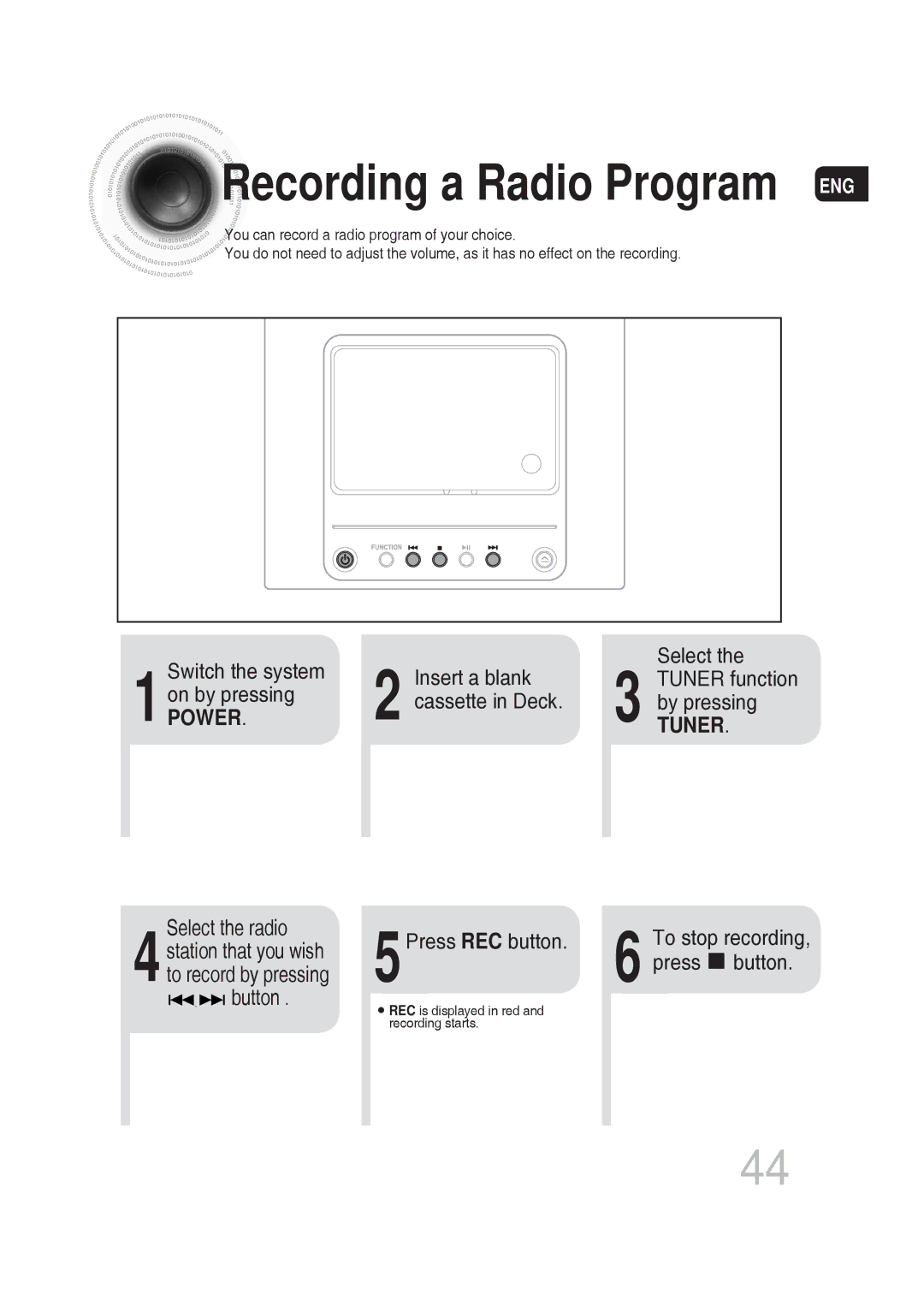 Samsung MM-DG25T/UMG manual Recording a Radio Program ENG, Switch the system Insert a blank Select, Select the radio 