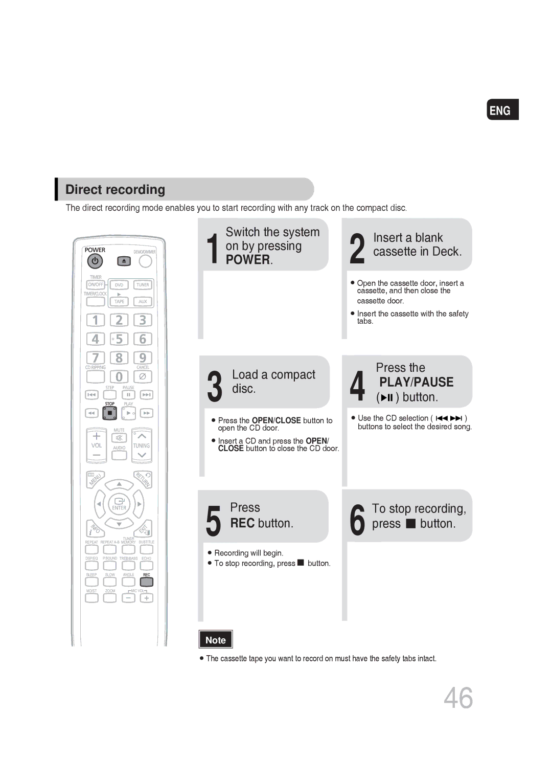 Samsung MM-DG25T/UMG manual Direct recording, Press Button 