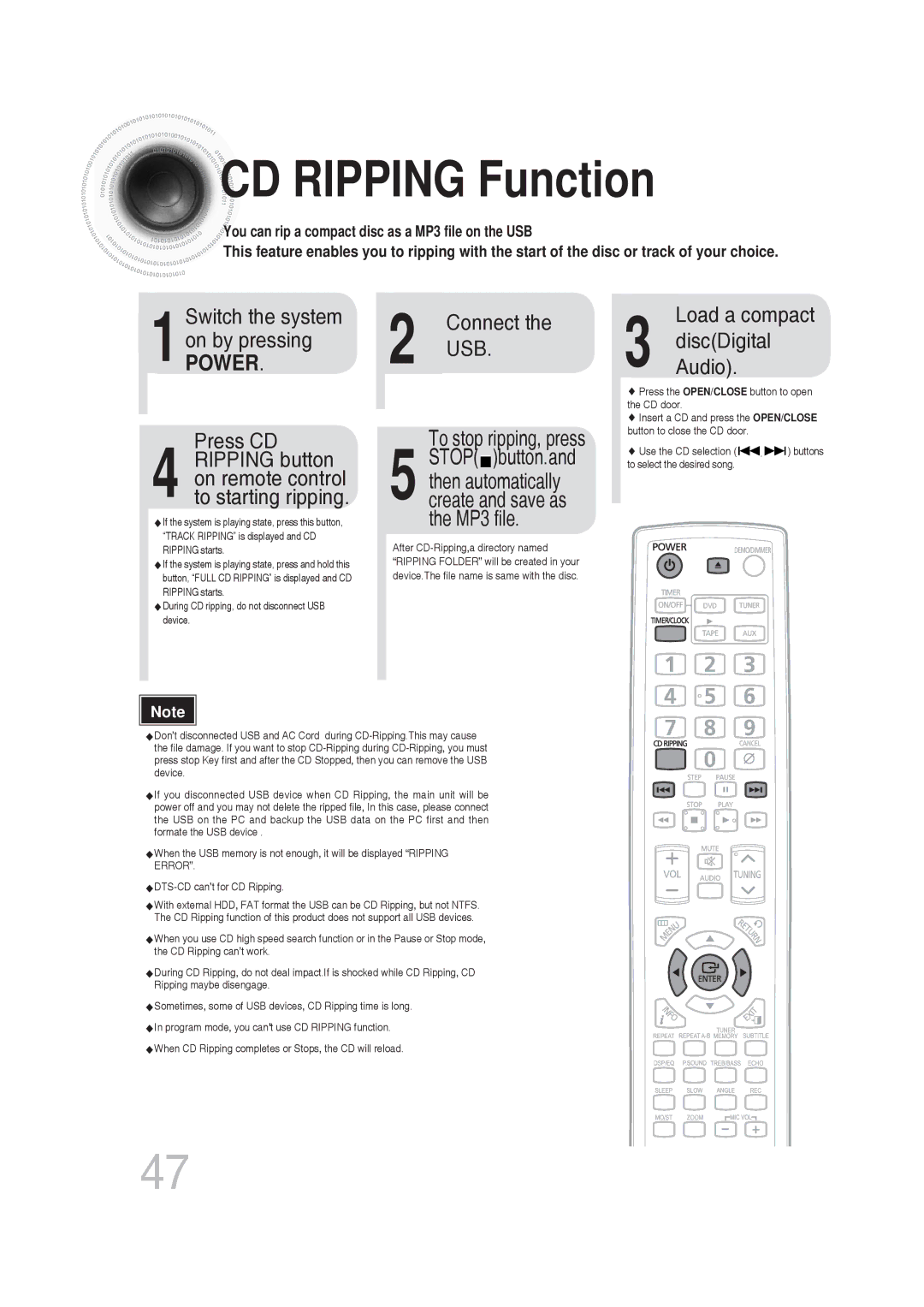 Samsung MM-DG25T/UMG manual CD Ripping Function, Press CD, DiscDigital, Audio 