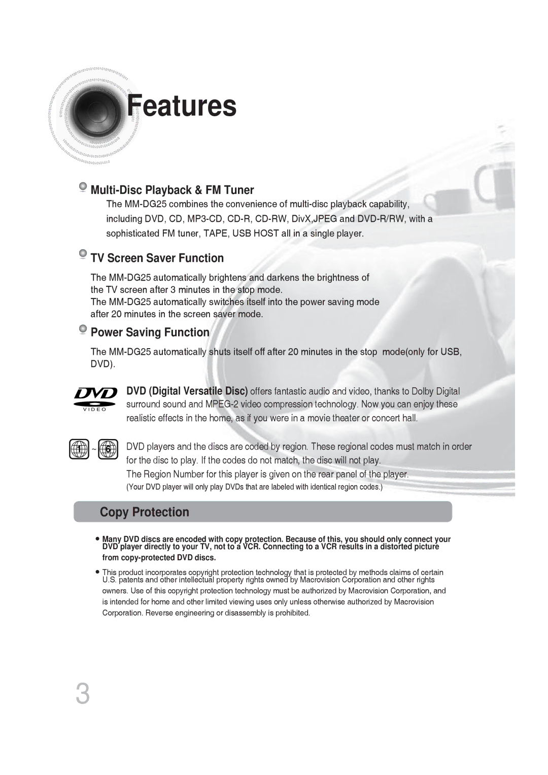 Samsung MM-DG25T/UMG manual Features, Copy Protection, Multi-Disc Playback & FM Tuner, TV Screen Saver Function 