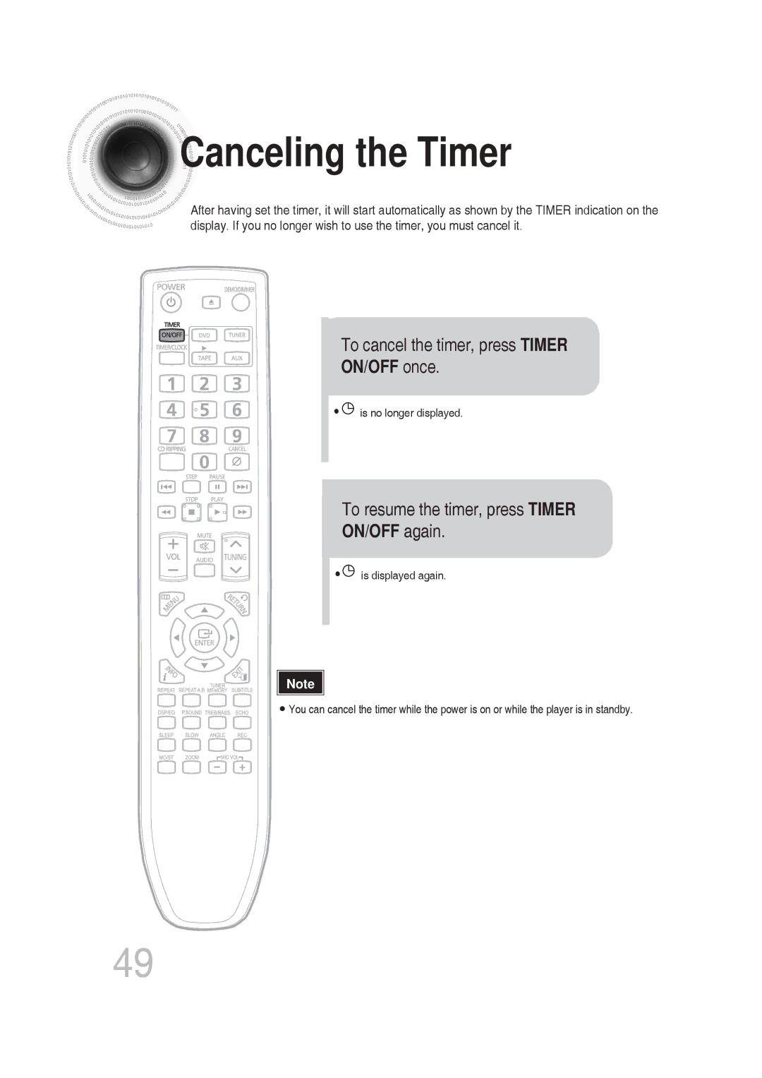 Samsung MM-DG25T/UMG Canceling the Timer, To cancel the timer, press Timer, ON/OFF once, To resume the timer, press Timer 