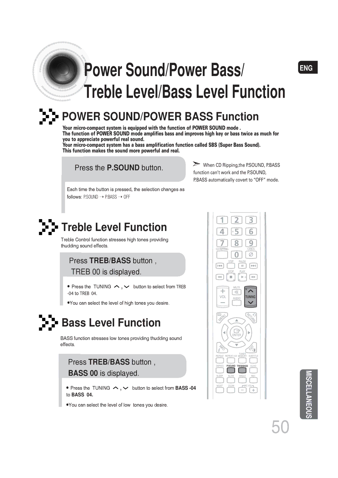 Samsung MM-DG25T/UMG manual Power SOUND/POWER Bass Function, Treble Level Function, Bass Level Function 