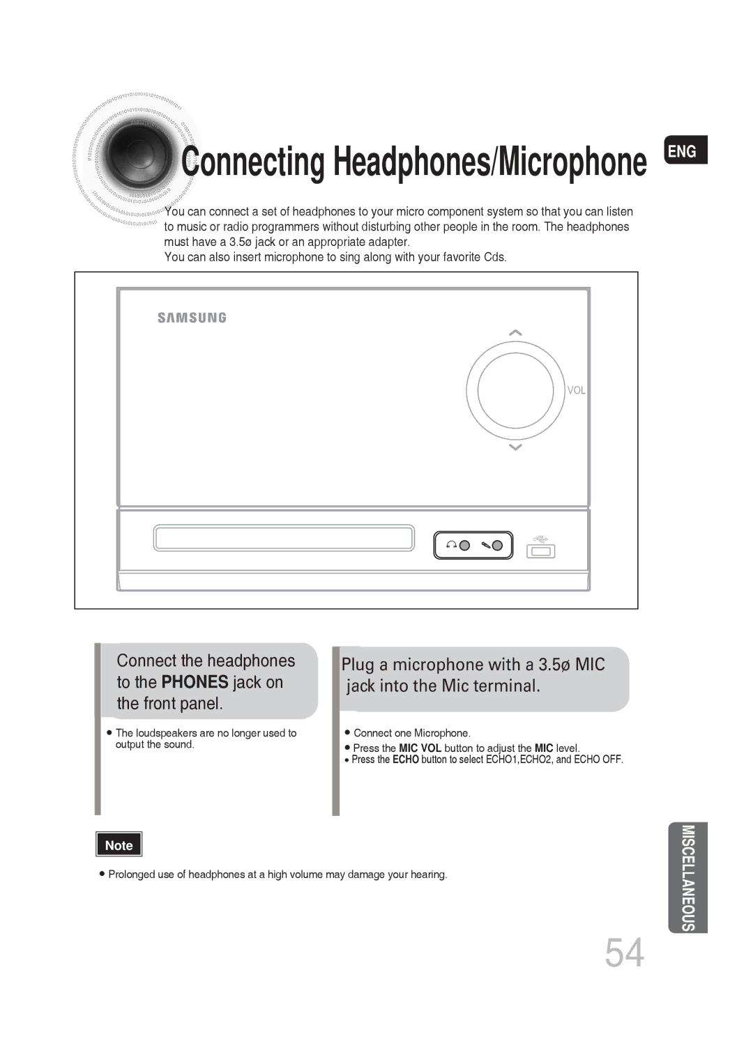 Samsung MM-DG25T/UMG manual Connecting Headphones/Microphone ENG 