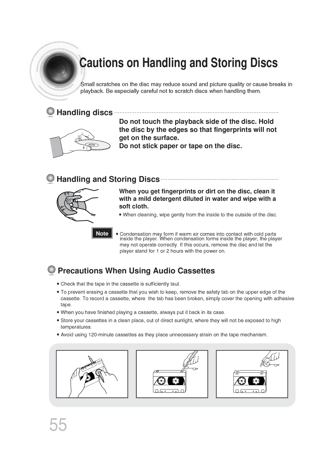 Samsung MM-DG25T/UMG manual Handling discs, Handling and Storing Discs, Precautions When Using Audio Cassettes 