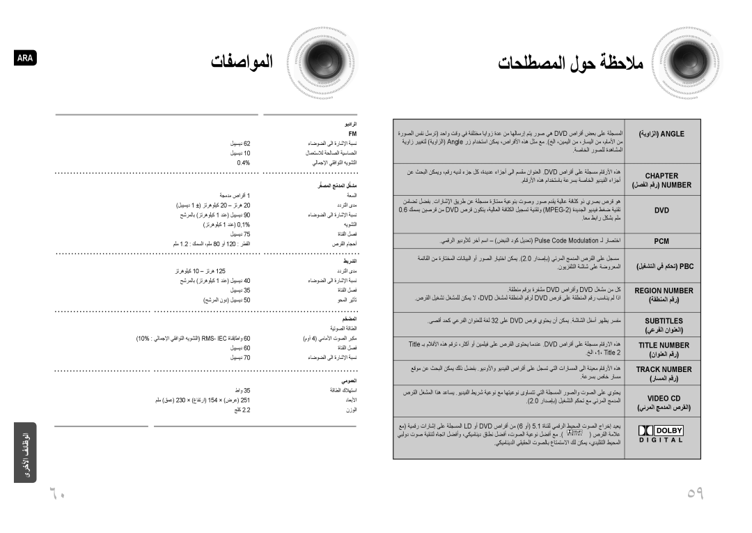 Samsung MM-DG25T/UMG manual تافصاوملا, تاحلطصملا لوح ةظحلام, ةيوازلا Angle 