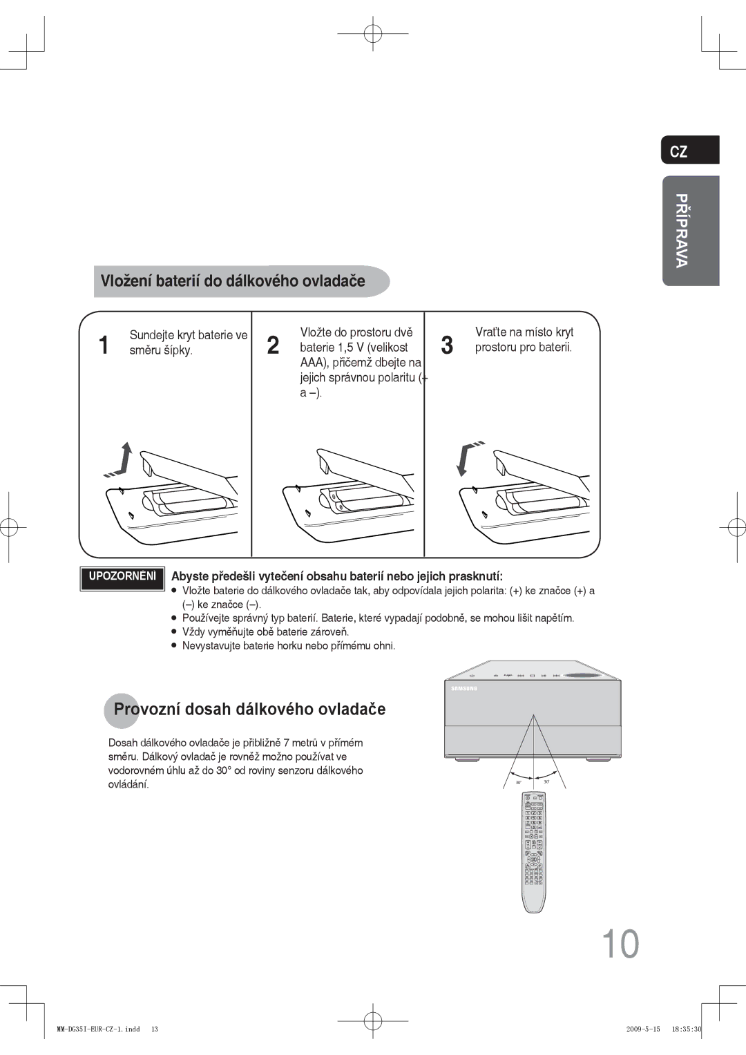 Samsung MM-DG35IR/XEF, MM-DG35R/EDC, MM-DG35IR/EDC manual Provozní dosah dálkového ovladače 