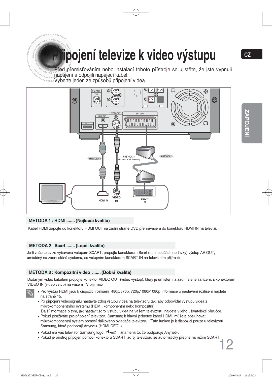 Samsung MM-DG35IR/EDC, MM-DG35R/EDC, MM-DG35IR/XEF manual Připojení televize k video výstupu 