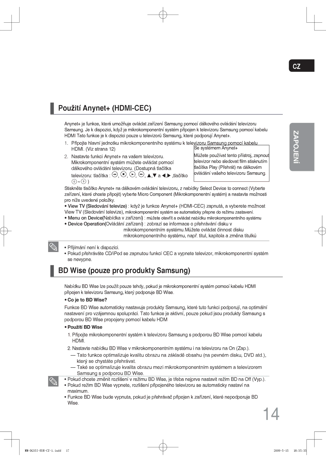 Samsung MM-DG35R/EDC, MM-DG35IR/EDC, MM-DG35IR/XEF manual Použití Anynet+ HDMI-CEC, BD Wise pouze pro produkty Samsung 