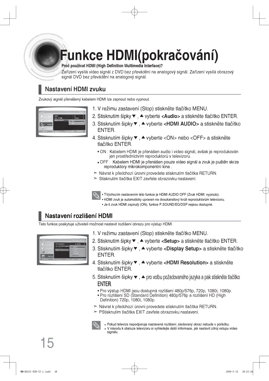 Samsung MM-DG35IR/EDC, MM-DG35R/EDC, MM-DG35IR/XEF manual Funkce HDMIpokračování, Nastavení Hdmi zvuku 