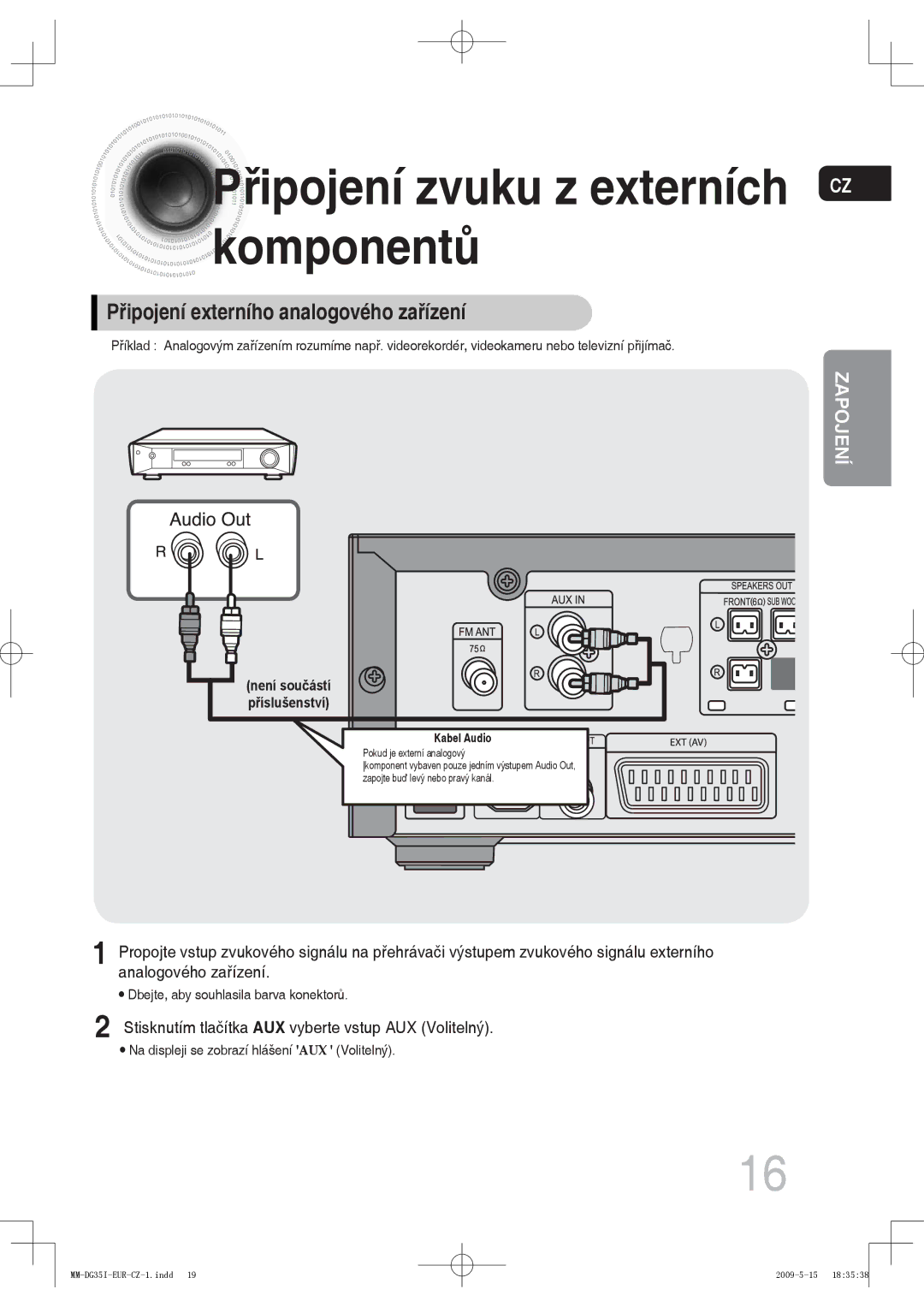 Samsung MM-DG35IR/XEF, MM-DG35R/EDC manual Řipojení zvuku z externích komponentů, Připojení externího analogového zařízení 