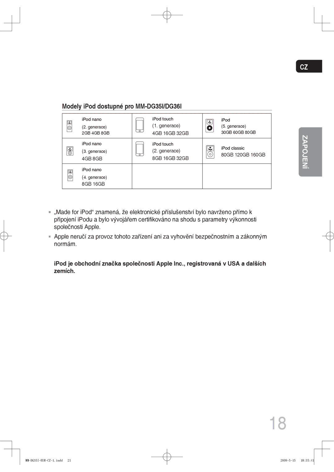 Samsung MM-DG35IR/EDC, MM-DG35R/EDC, MM-DG35IR/XEF manual Modely iPod dostupné pro MM-DG35I/DG36I 