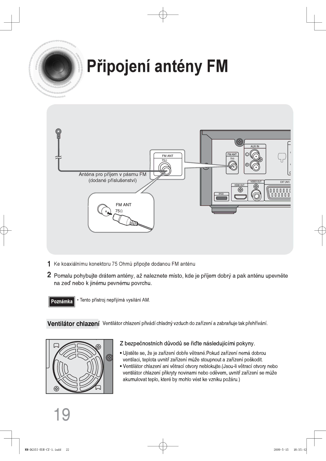 Samsung MM-DG35IR/XEF, MM-DG35R/EDC, MM-DG35IR/EDC manual Připojení antény FM 