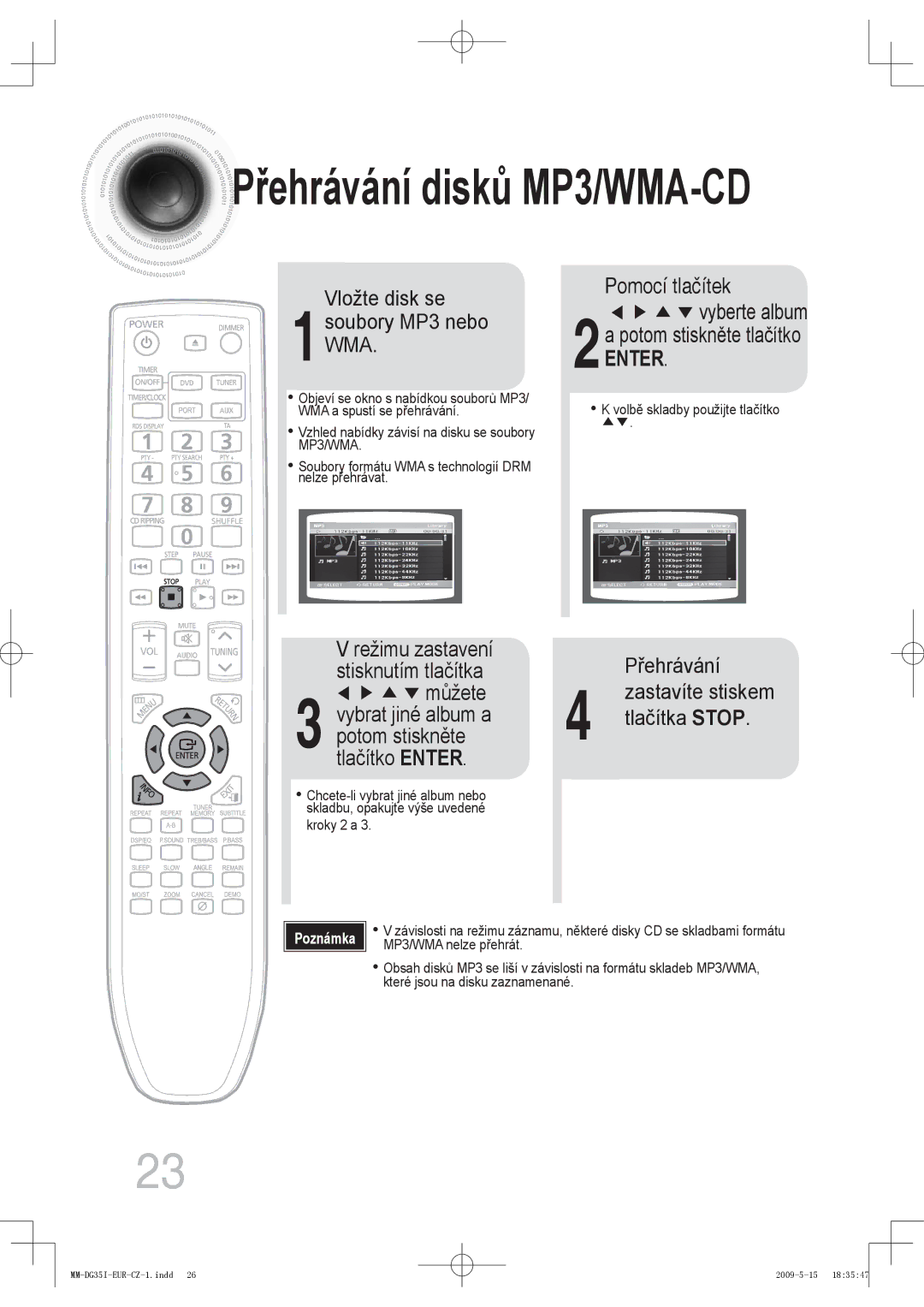 Samsung MM-DG35R/EDC, MM-DG35IR/EDC, MM-DG35IR/XEF manual Přehrávání disků MP3/WMA-CD 