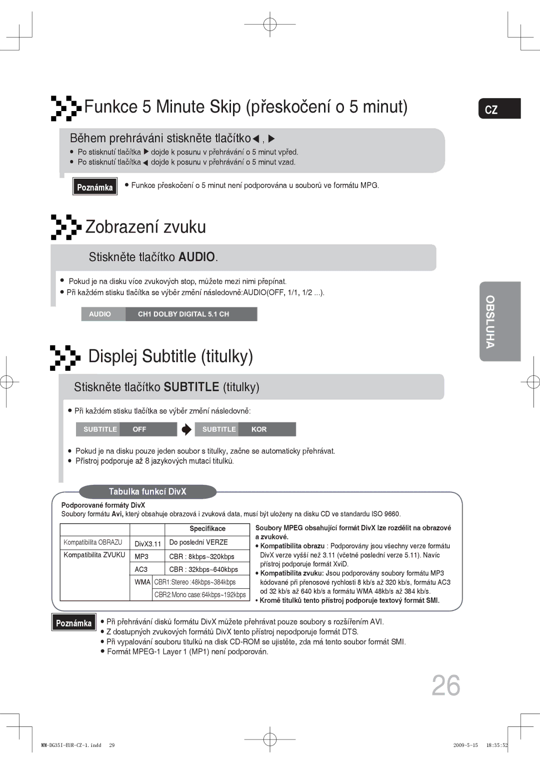 Samsung MM-DG35R/EDC Během prehráváni stiskněte tlačítko, Stiskněte tlačítko Audio, Stiskněte tlačítko Subtitle titulky 