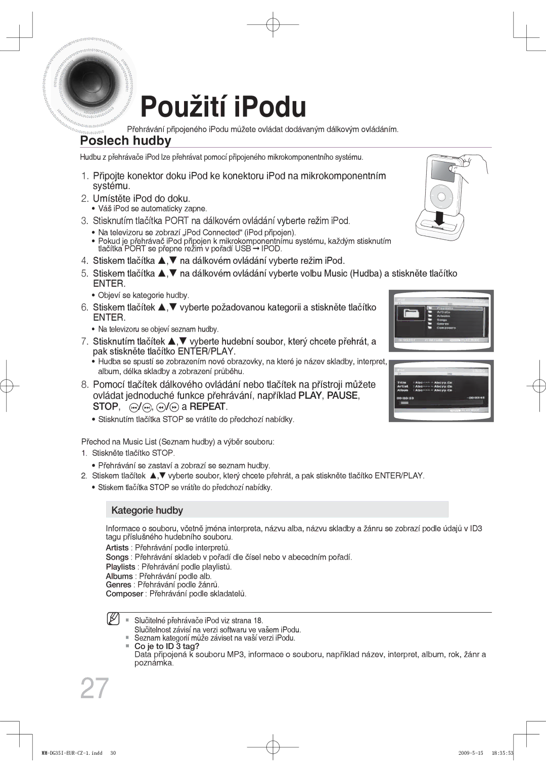 Samsung MM-DG35IR/EDC, MM-DG35R/EDC, MM-DG35IR/XEF manual Použití iPodu, Poslech hudby 