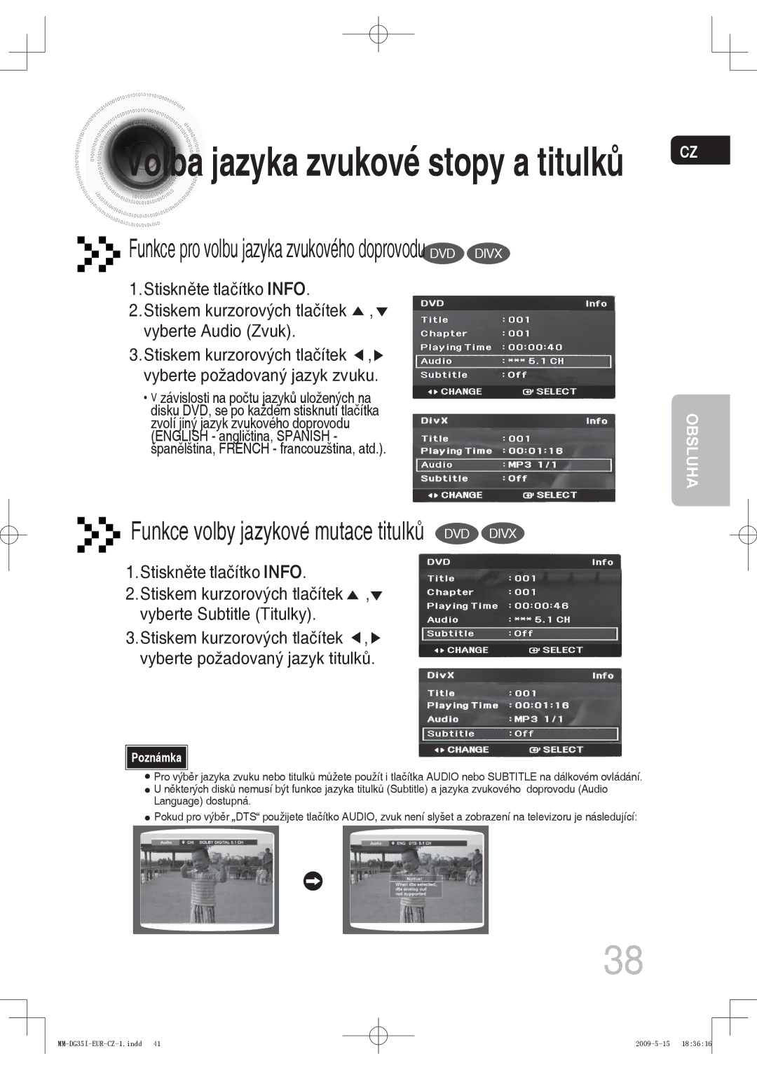 Samsung MM-DG35R/EDC, MM-DG35IR/EDC, MM-DG35IR/XEF manual Volba jazyka zvukové stopy a titulků 