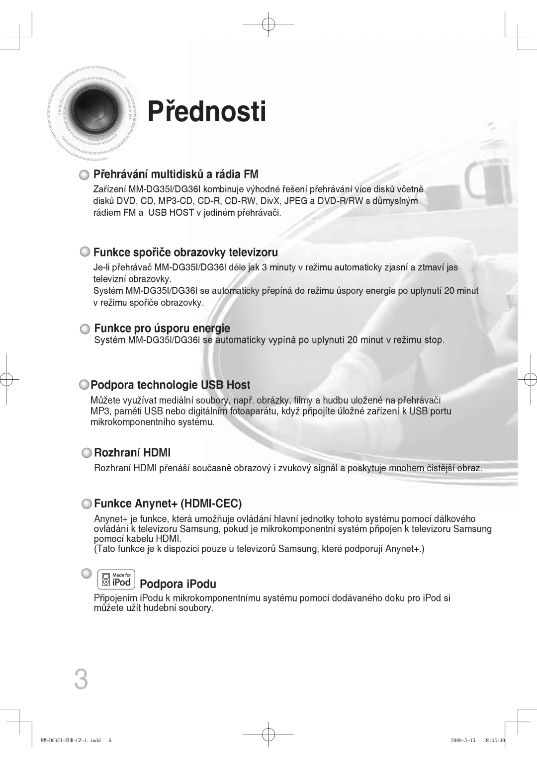 Samsung MM-DG35IR/EDC, MM-DG35R/EDC, MM-DG35IR/XEF manual Přednosti, Přehrávání multidisků a rádia FM 