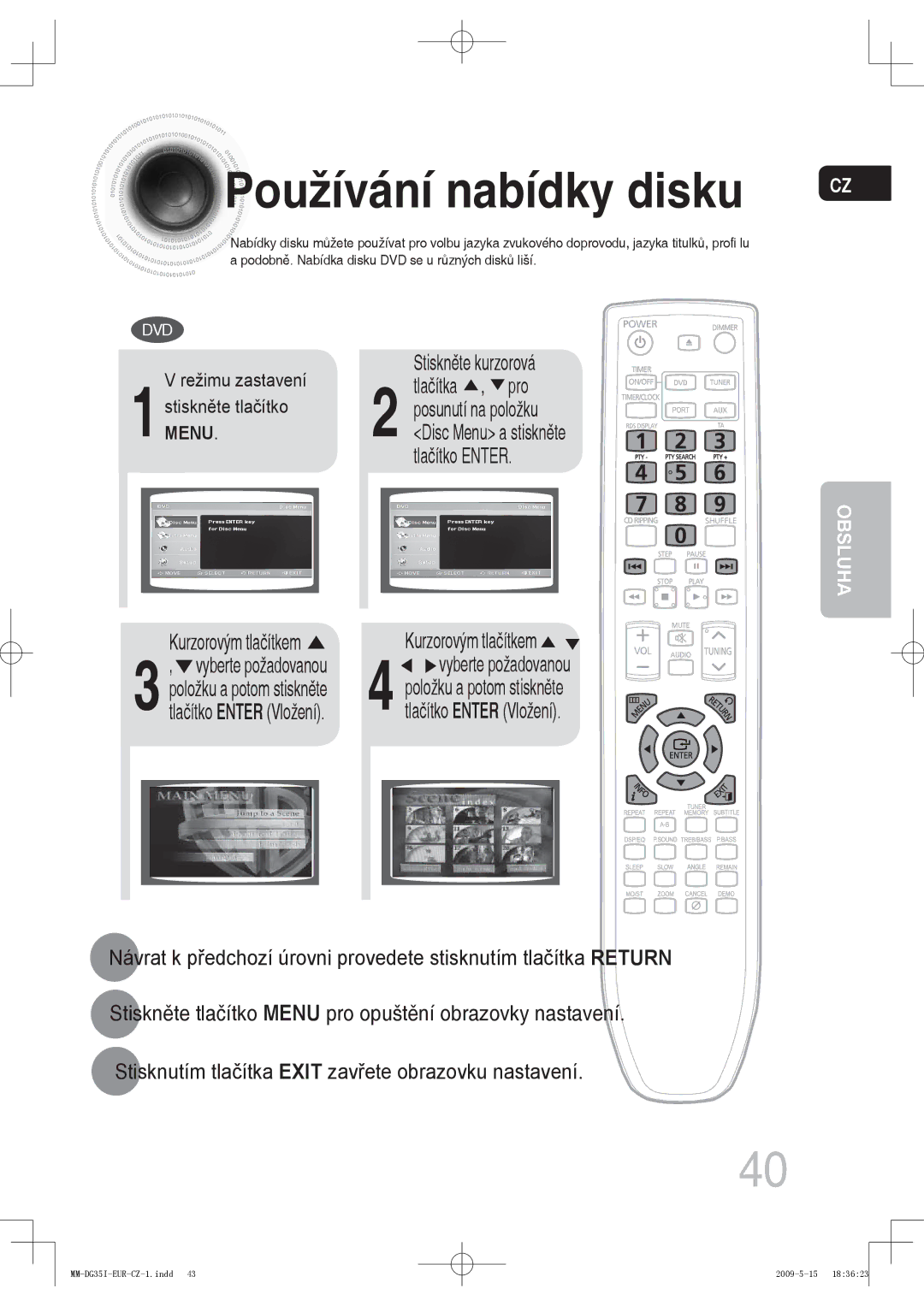 Samsung MM-DG35IR/XEF, MM-DG35R/EDC, MM-DG35IR/EDC manual Používání nabídky disku, Režimu zastavení 1stisknMENUě.te tlačítko 