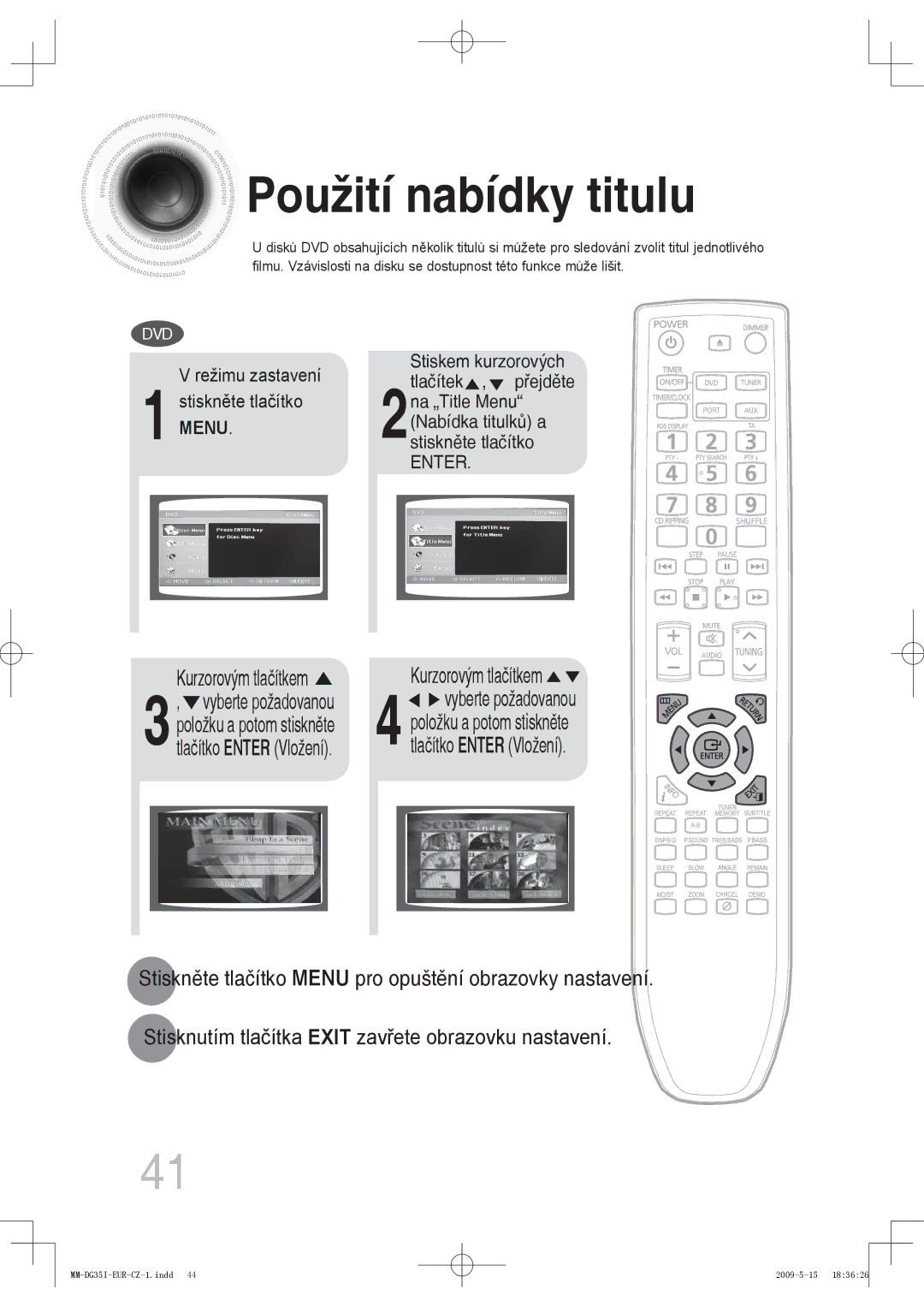 Samsung MM-DG35R/EDC, MM-DG35IR/EDC, MM-DG35IR/XEF manual Použití nabídky titulu 