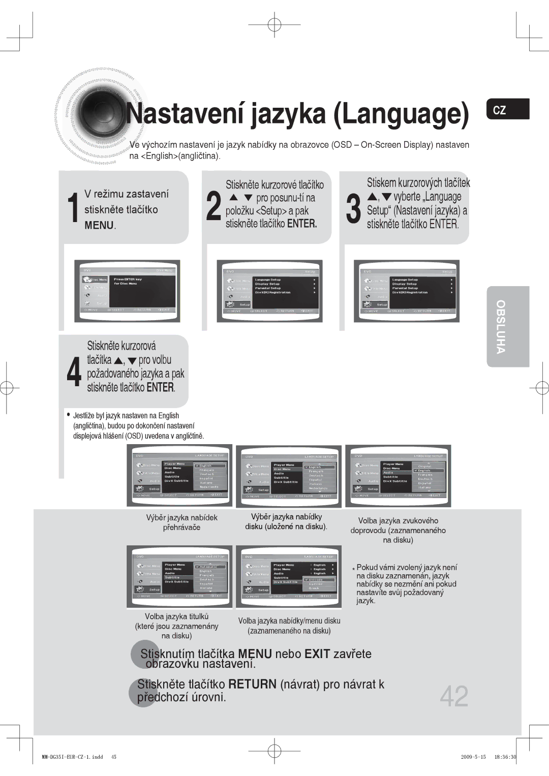 Samsung MM-DG35IR/EDC, MM-DG35R/EDC, MM-DG35IR/XEF manual Nastavení jazyka Language 