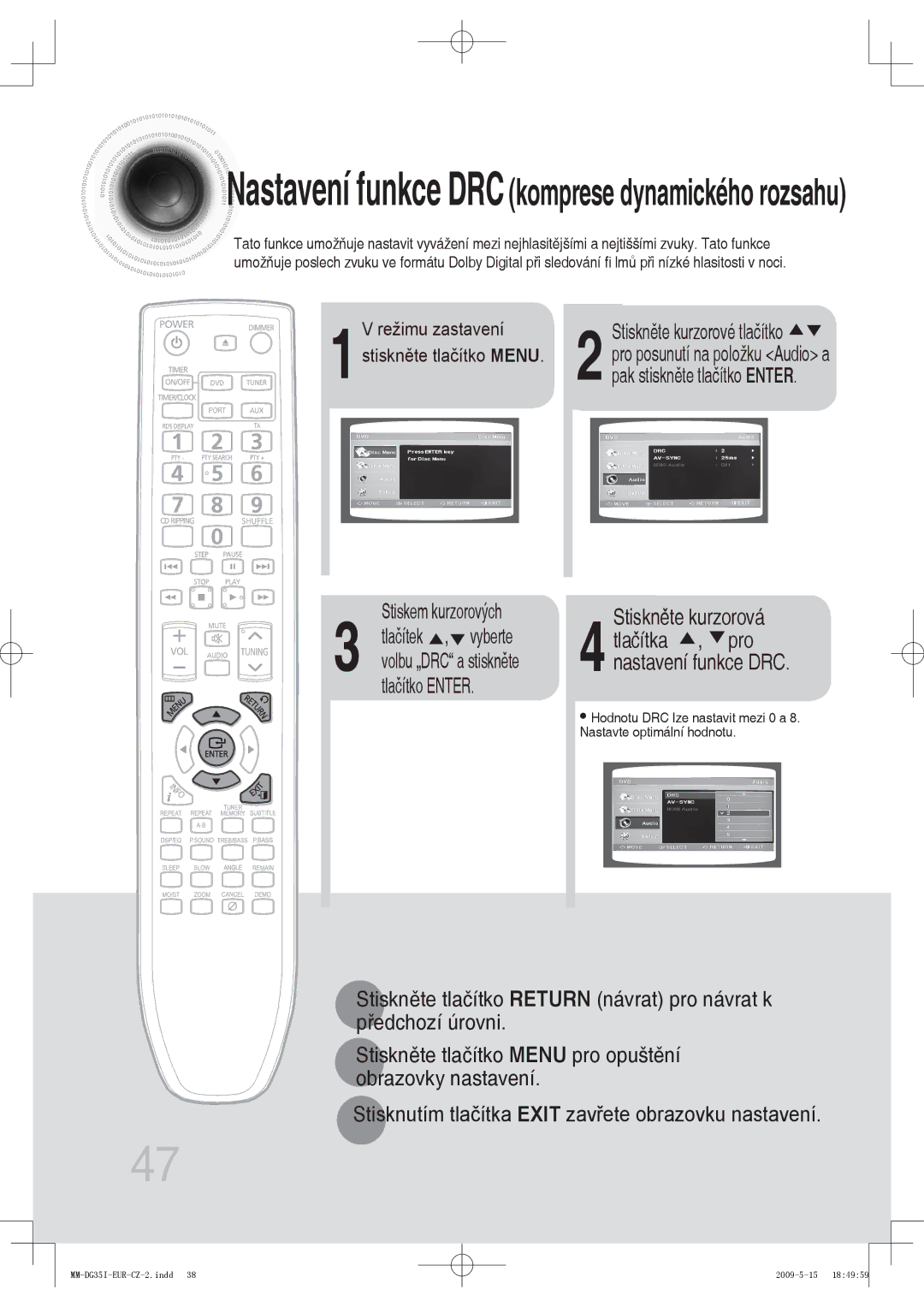 Samsung MM-DG35R/EDC, MM-DG35IR/EDC, MM-DG35IR/XEF manual Nastavení funkce DRCkomprese dynamického rozsahu 