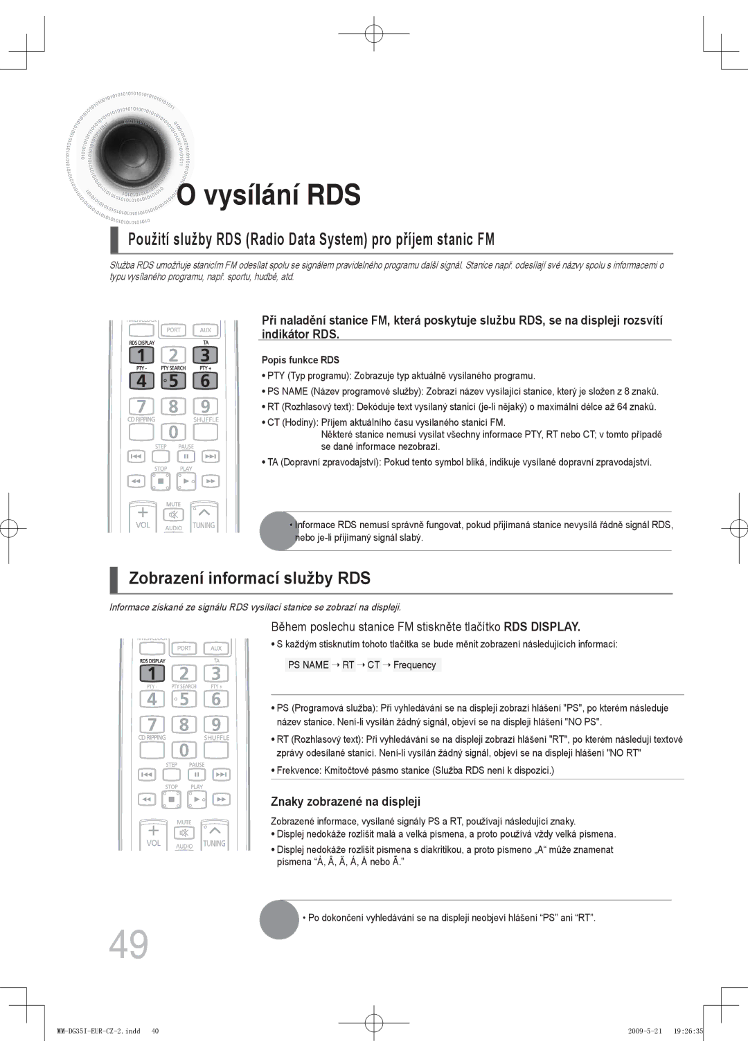 Samsung MM-DG35IR/XEF, MM-DG35R/EDC, MM-DG35IR/EDC manual Vysílání RDS 