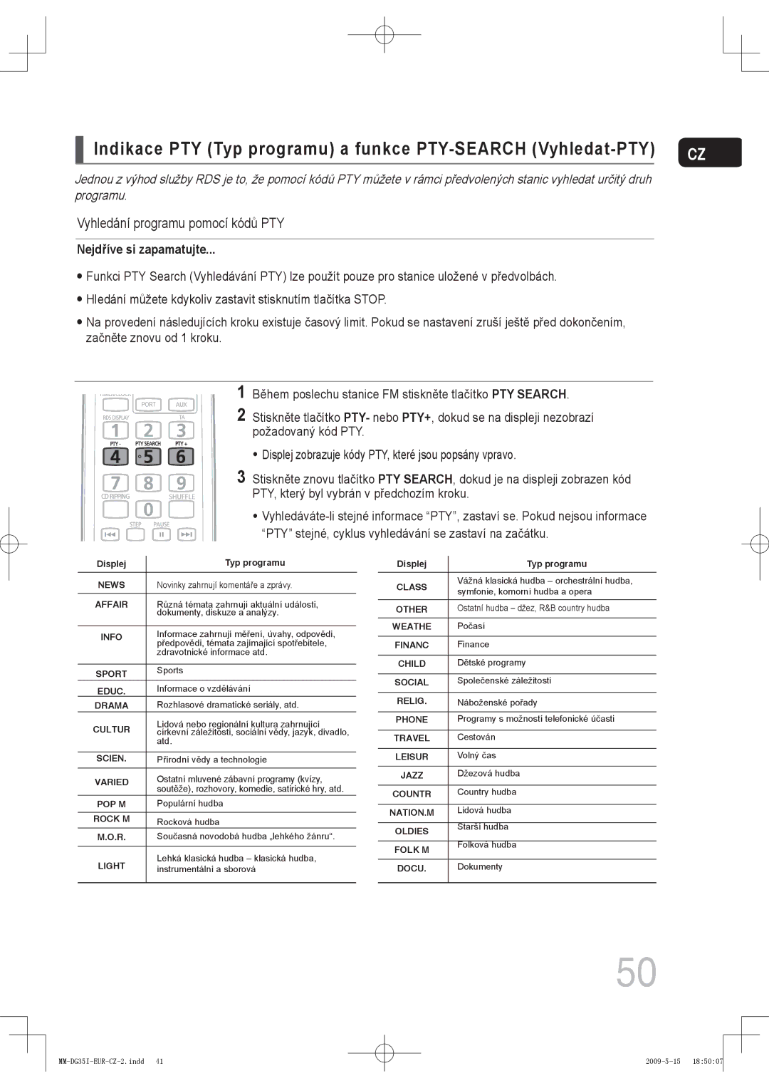 Samsung MM-DG35R/EDC, MM-DG35IR/EDC, MM-DG35IR/XEF manual Vyhledání programu pomocí kódů PTY 