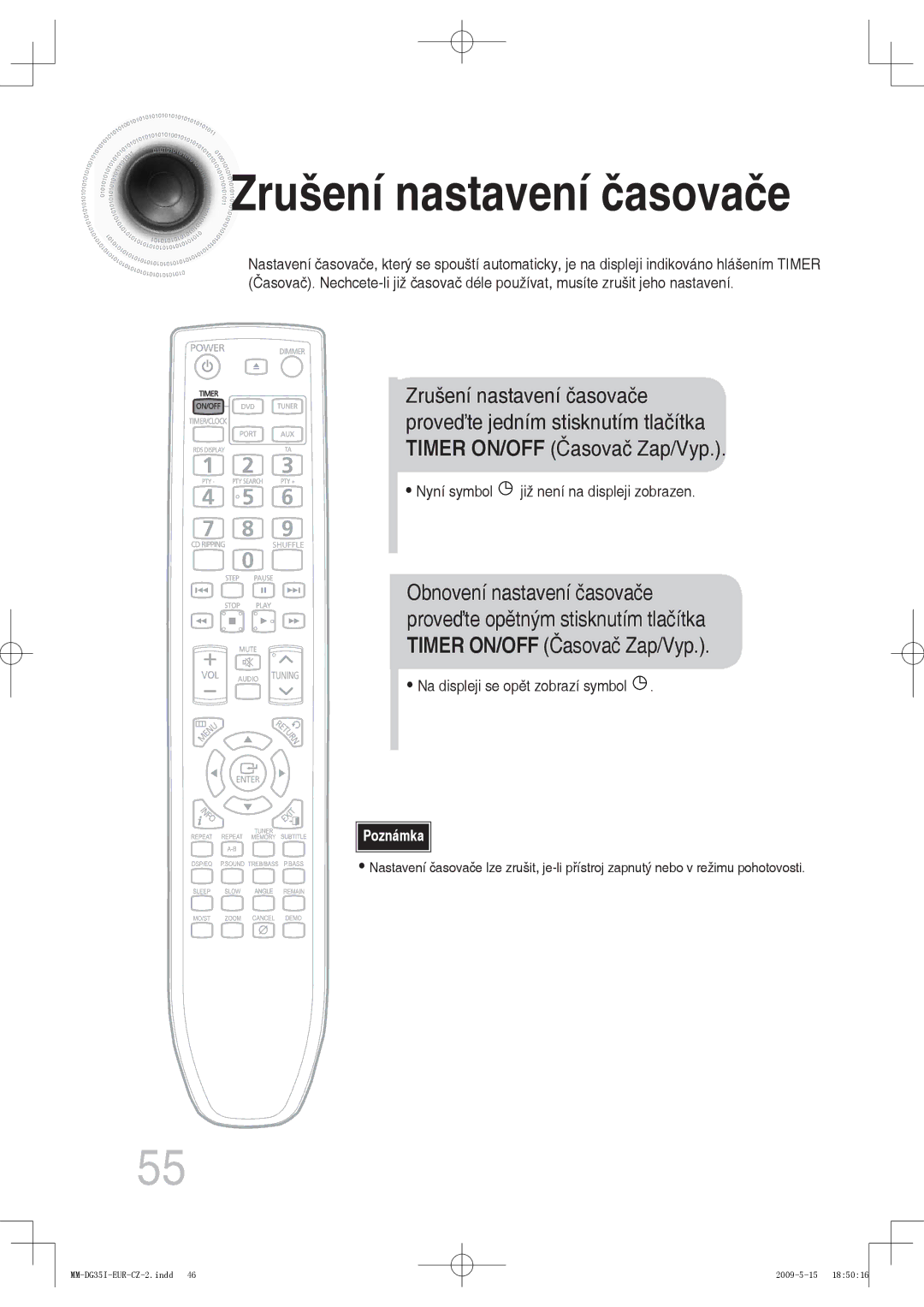 Samsung MM-DG35IR/XEF, MM-DG35R/EDC, MM-DG35IR/EDC manual Zrušení nastavení časovače 