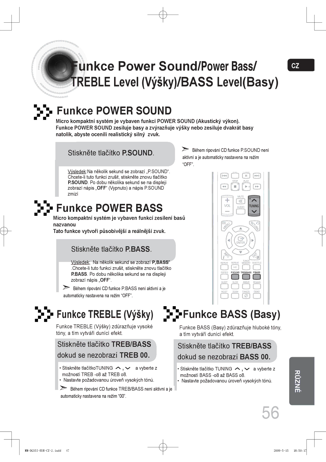 Samsung MM-DG35R/EDC, MM-DG35IR/EDC, MM-DG35IR/XEF manual Funkce Power Sound/ Power Bass 