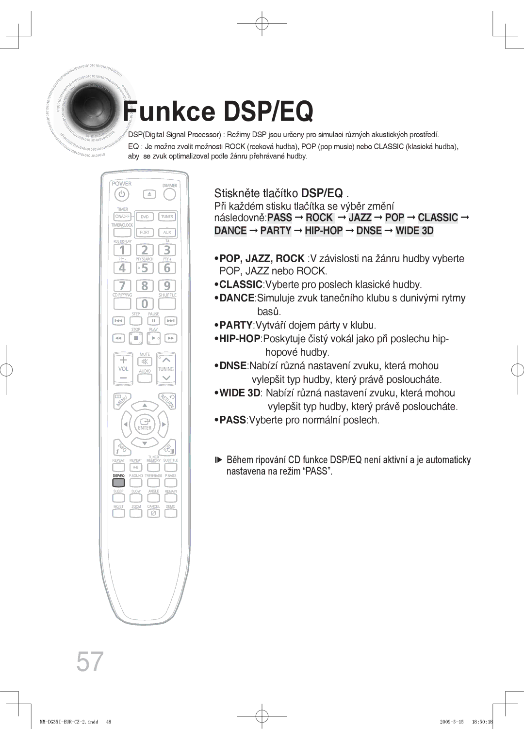 Samsung MM-DG35IR/EDC, MM-DG35R/EDC, MM-DG35IR/XEF manual Funkce DSP/EQ, Stiskněte tlačítko DSP/EQ 