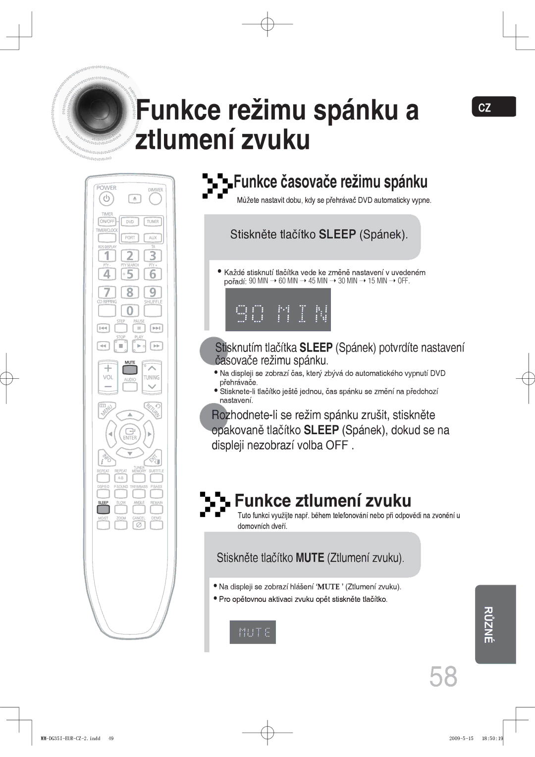 Samsung MM-DG35IR/XEF, MM-DG35R/EDC, MM-DG35IR/EDC Stiskněte tlačítko Sleep Spánek, Stiskněte tlačítko Mute Ztlumení zvuku 