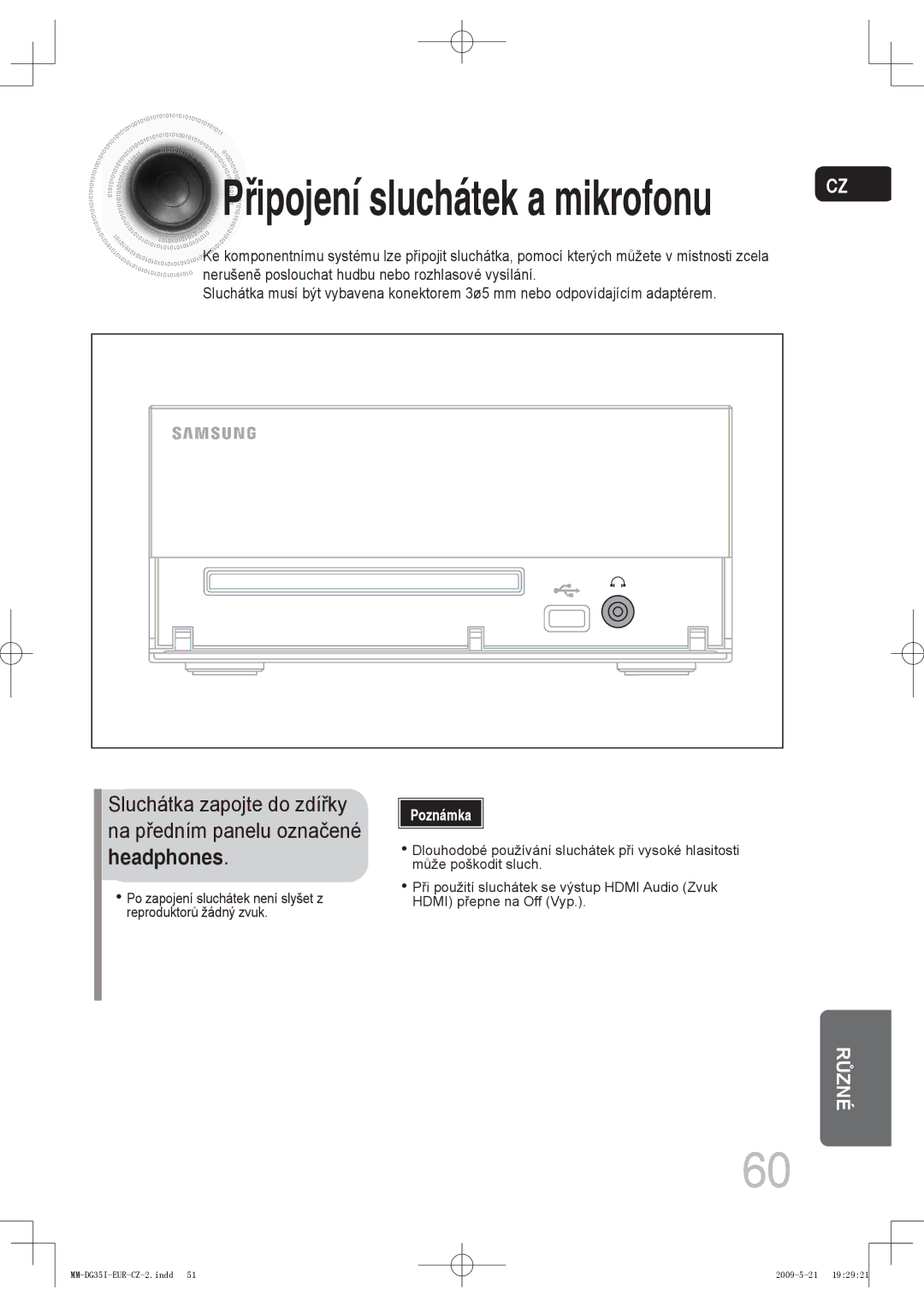 Samsung MM-DG35IR/EDC, MM-DG35R/EDC, MM-DG35IR/XEF manual Připojení sluchátek a mikrofonu, Headphones 