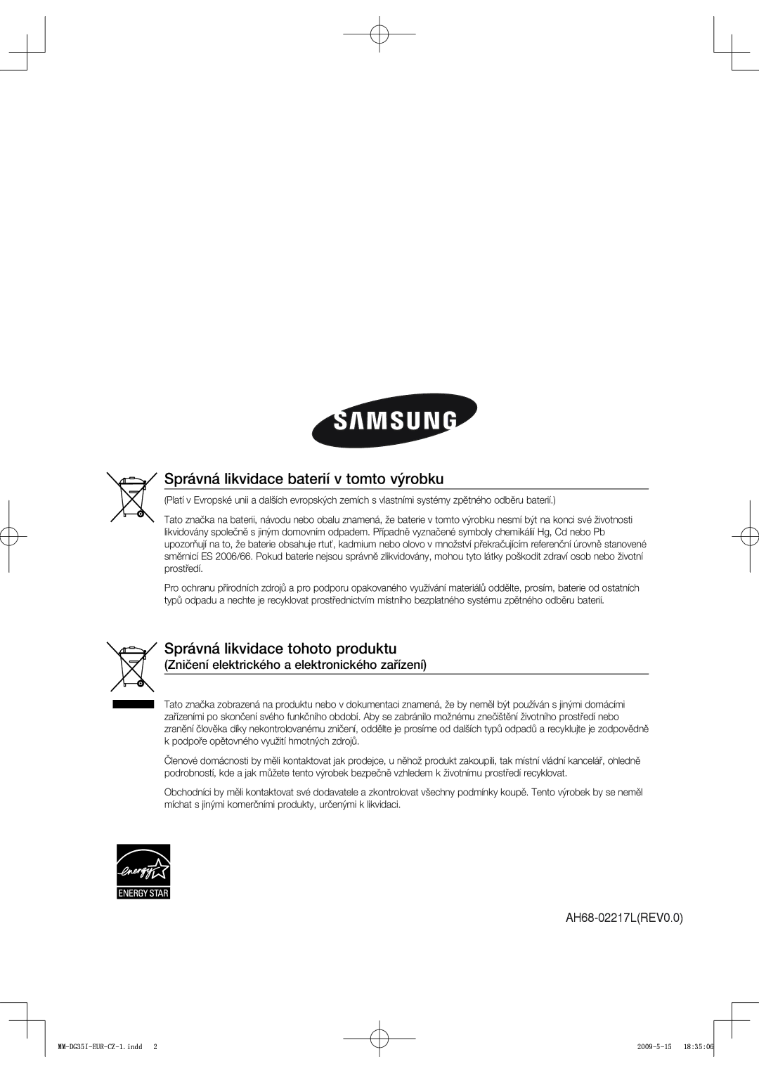 Samsung MM-DG35IR/XEF, MM-DG35R/EDC, MM-DG35IR/EDC manual Správná likvidace baterií v tomto výrobku 