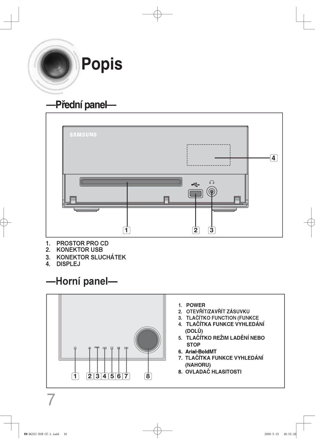 Samsung MM-DG35IR/XEF, MM-DG35R/EDC, MM-DG35IR/EDC manual Popis, Horní panel 