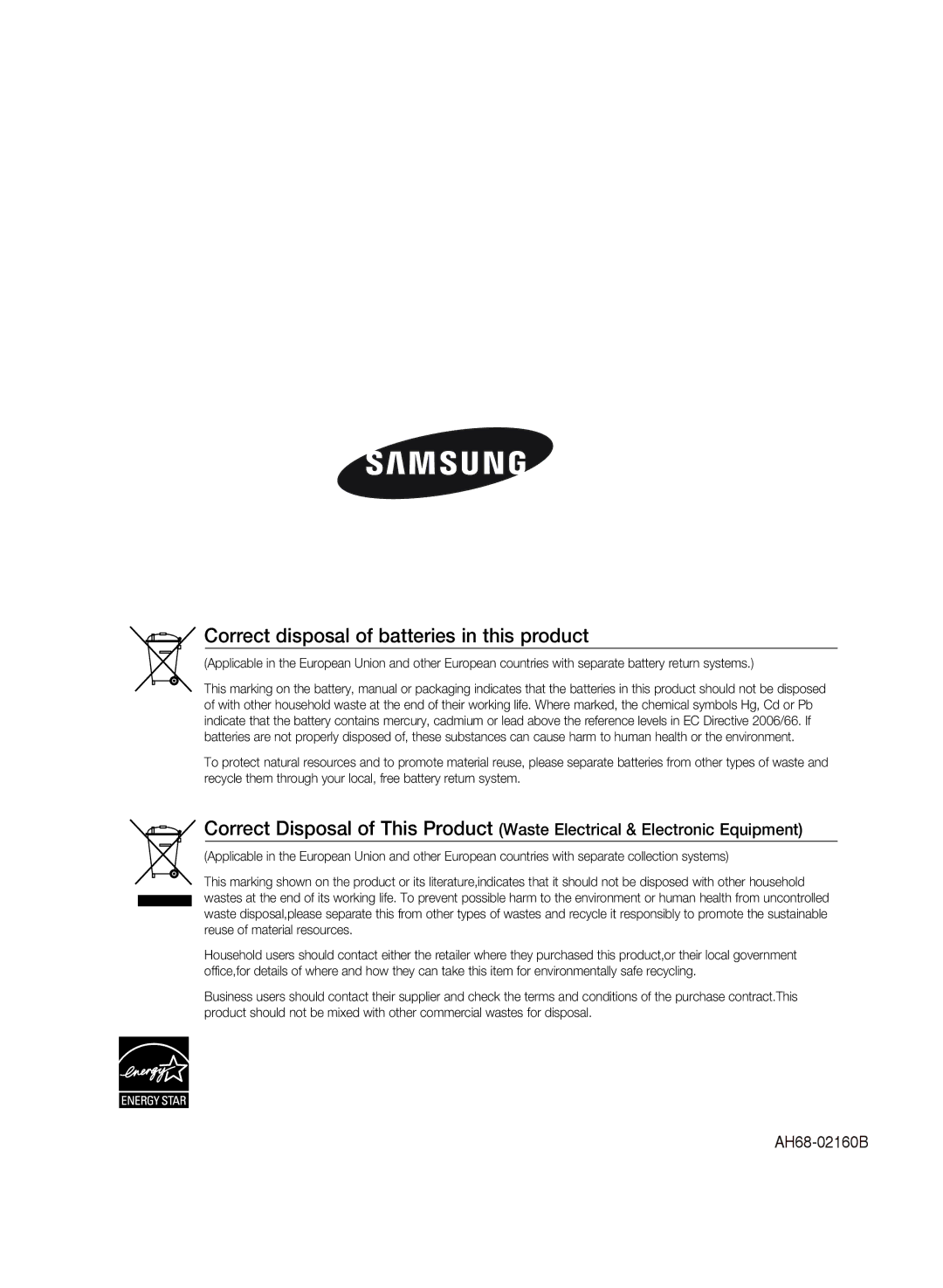 Samsung MM-DG36R/XET, MM-DG35R/EDC, MM-DG35R/XEE manual Correct disposal of batteries in this product 