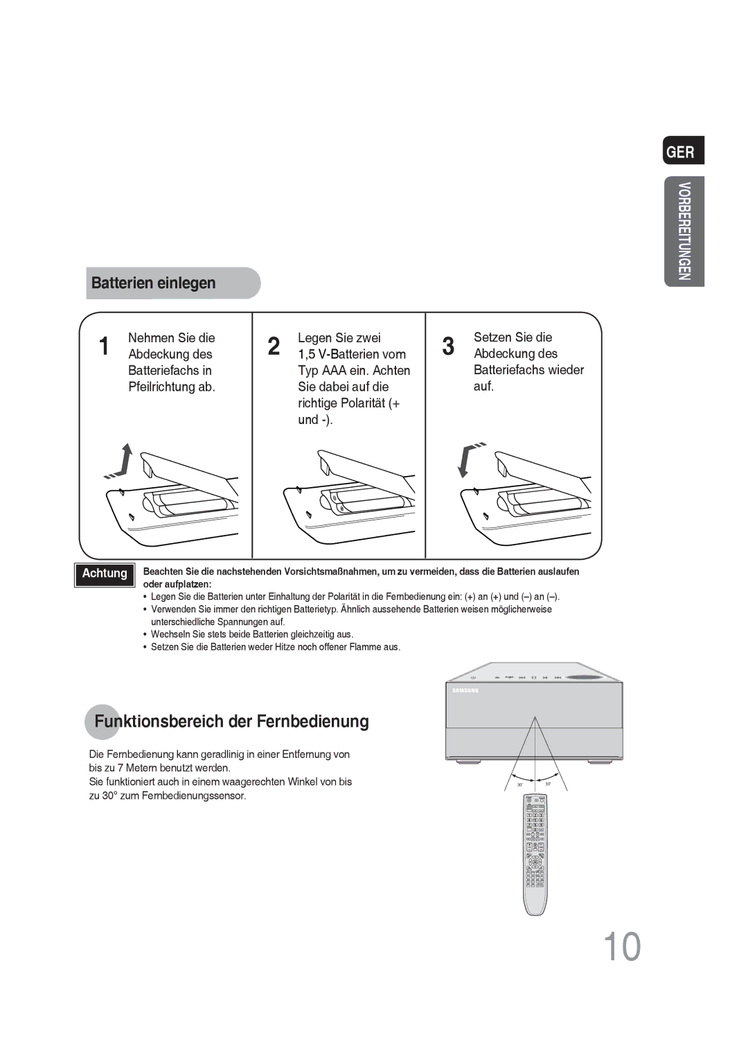 Samsung MM-DG35R/EDC manual Funktionsbereich der Fernbedienung, Batterien einlegen 