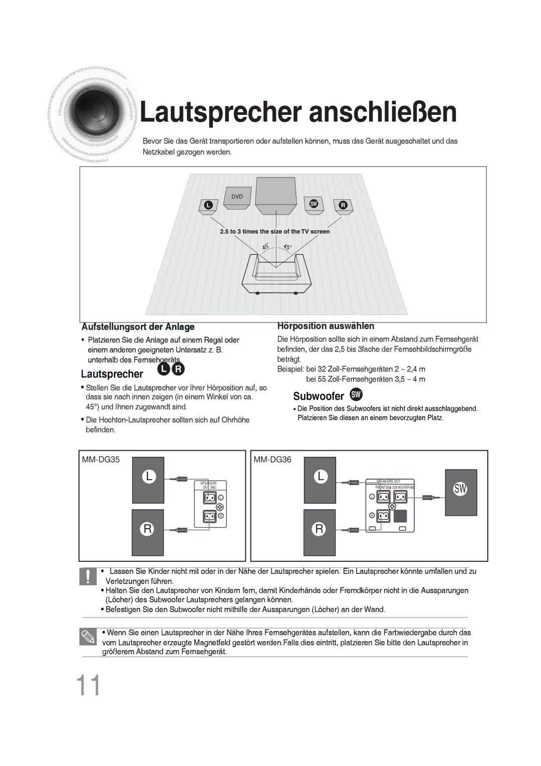 Samsung MM-DG35R/EDC manual Lautsprecher anschließen, Aufstellungsort der Anlage 