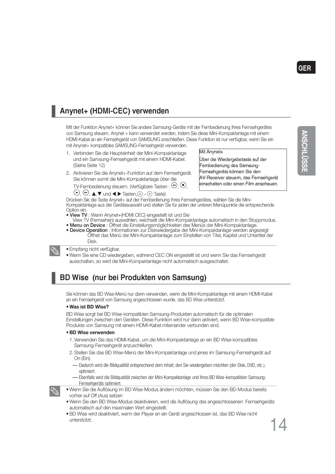 Samsung MM-DG35R/EDC manual Anynet+ HDMI-CEC verwenden, BD Wise nur bei Produkten von Samsung 