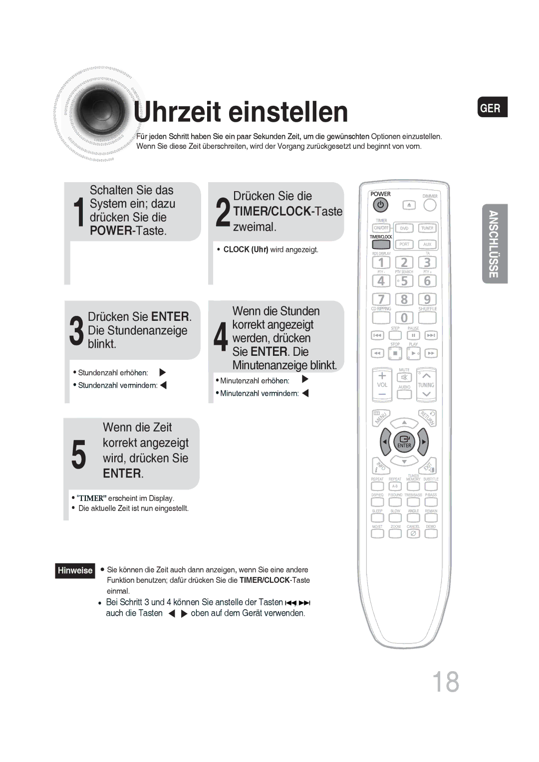 Samsung MM-DG35R/EDC manual Uhrzeit einstellen, 2TIMER/CLOCKzweimal. -Taste 