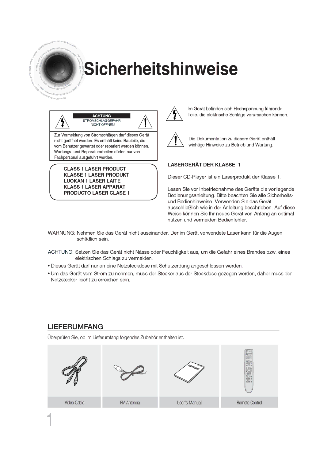 Samsung MM-DG35R/EDC manual Sicherheitshinweise, Achtung 