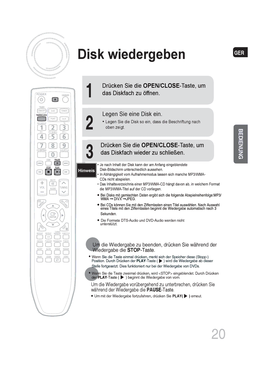 Samsung MM-DG35R/EDC manual Disk wiedergeben 