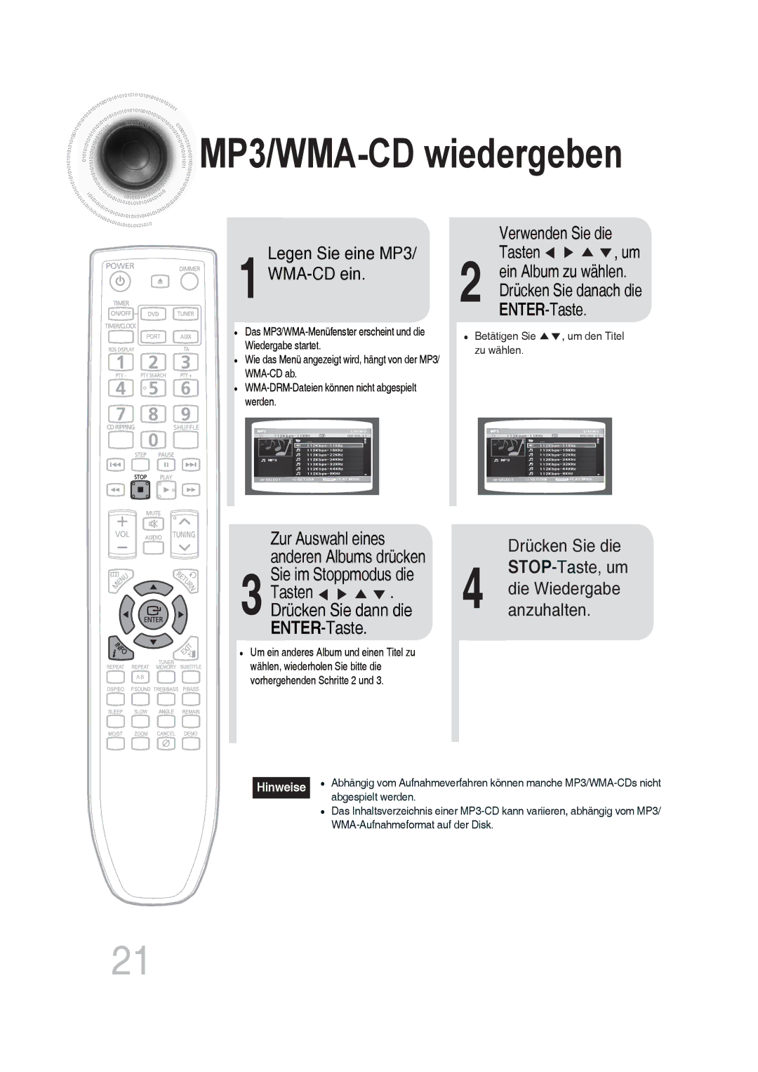 Samsung MM-DG35R/EDC manual Legen Sie eine MP3 WMA-CD ein, Verwenden Sie die Tasten , um 