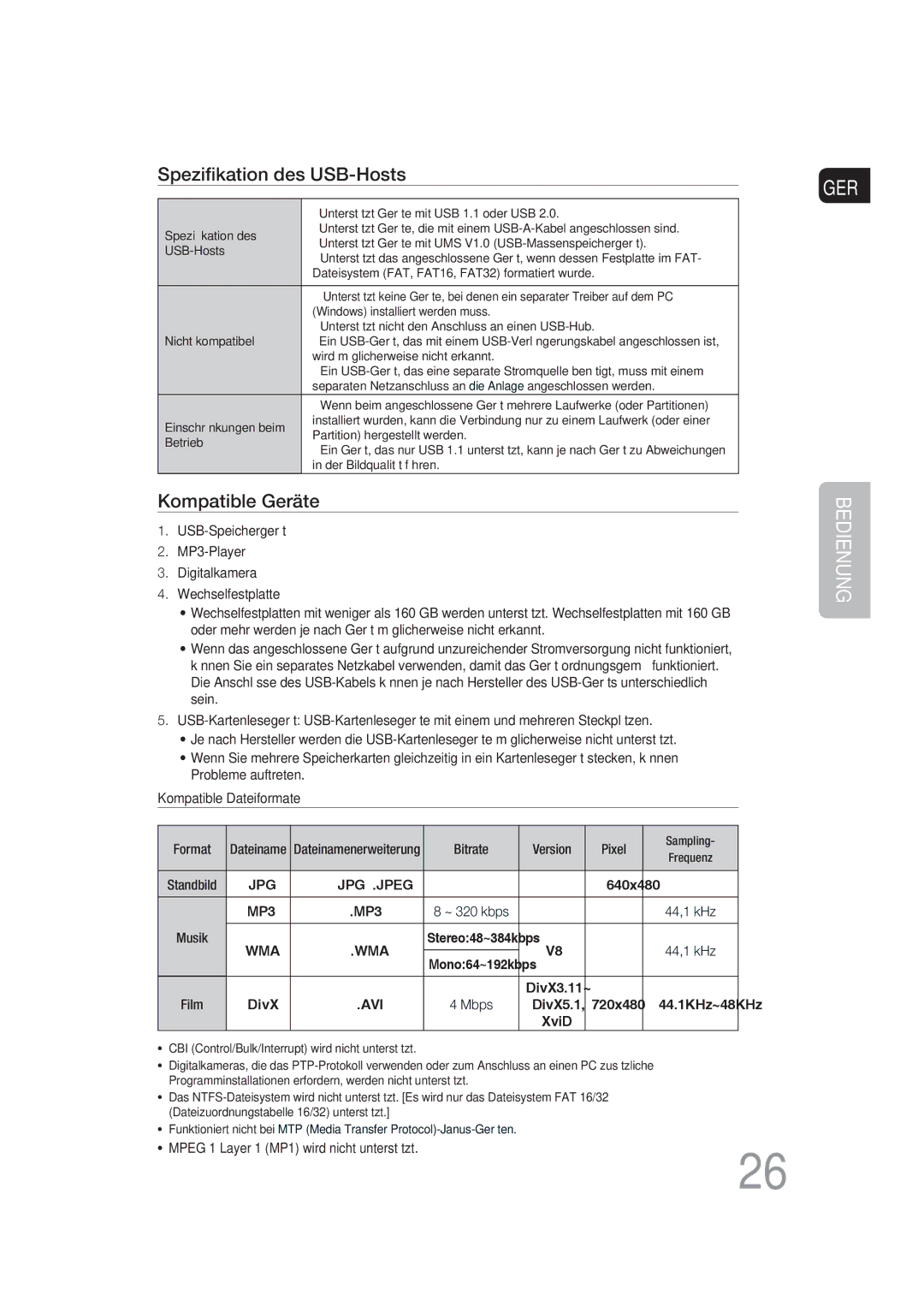 Samsung MM-DG35R/EDC manual Speziﬁkation des USB-Hosts 