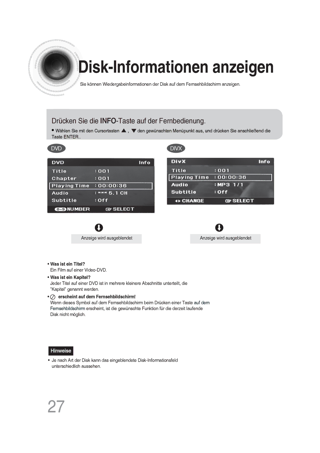 Samsung MM-DG35R/EDC manual Disk -Informationen anzeigen, Drücken Sie die INFO-Taste auf der Fernbedienung 