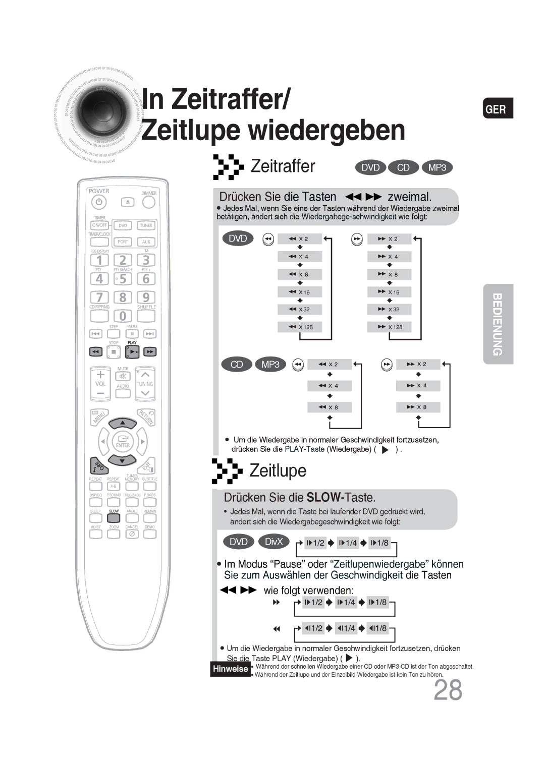 Samsung MM-DG35R/EDC manual Zeitraffer/ Zeitlupe wiedergeben, Drücken Sie die SLOW-Taste 