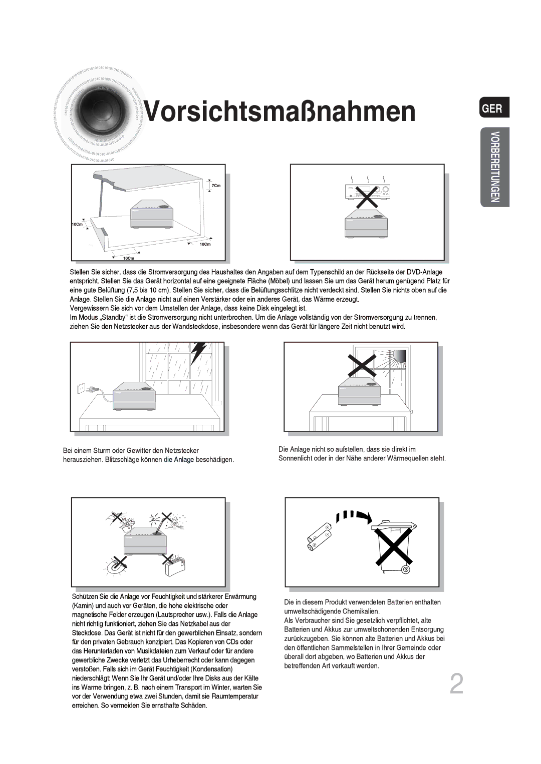 Samsung MM-DG35R/EDC manual Vorsichtsmaßnahmen GER, Vorbereitungen 