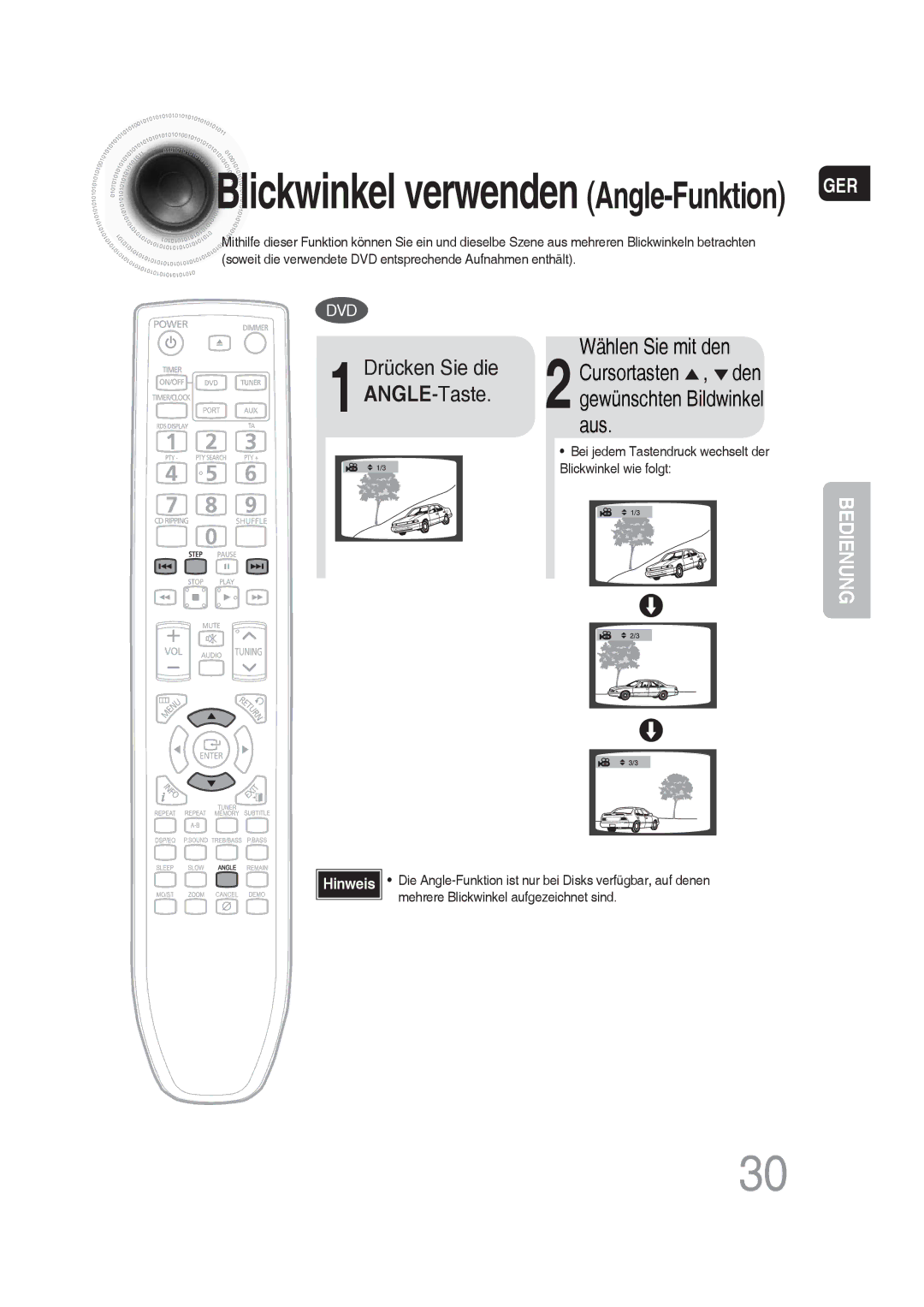 Samsung MM-DG35R/EDC manual Blickwinkel verwenden Angle-FunktionGER 