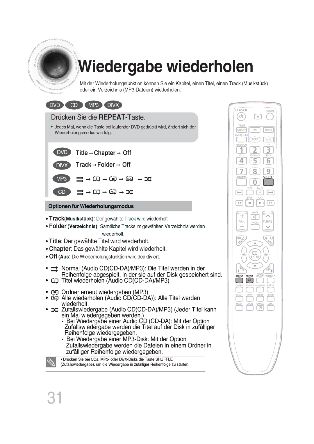 Samsung MM-DG35R/EDC manual Wiedergabe wiederholen, Drücken Sie die REPEAT-Taste 